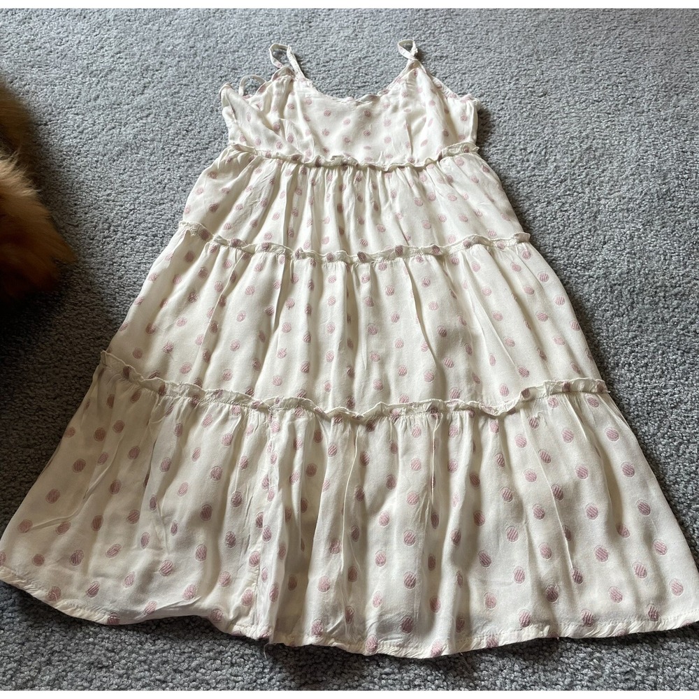 Sim & Sam Tiered Slip Dress Girls M/14 White Pink Dots Smocked Sleeveless Party